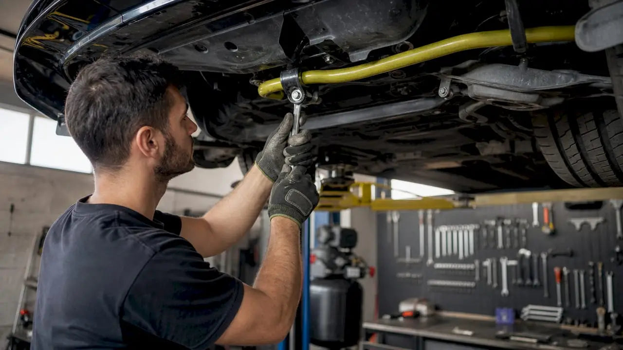 Technician tightening Acura TL sway bar bolts