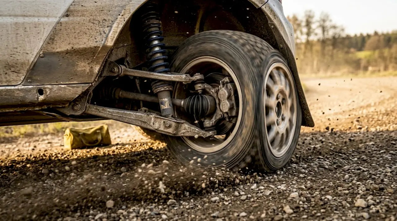 Front suspension compressing under braking on racetrack