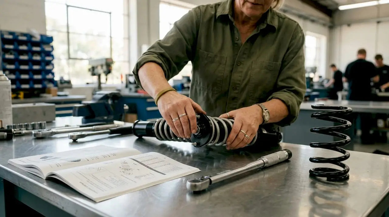 Hands adjusting coilover damping knob close-up