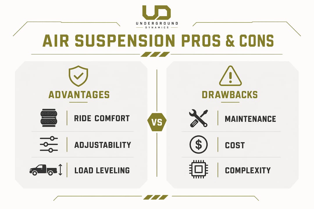 Infographic comparing air suspension advantages and drawbacks