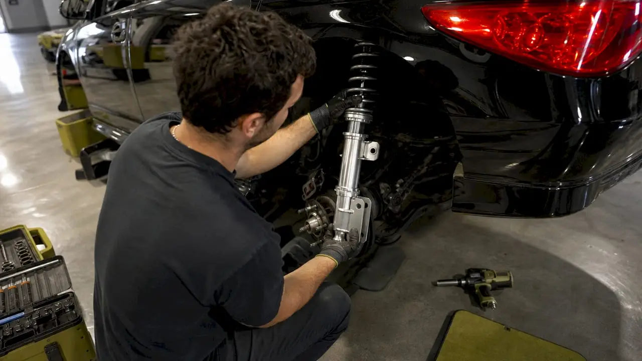 Hands installing coilover on Acura TL suspension