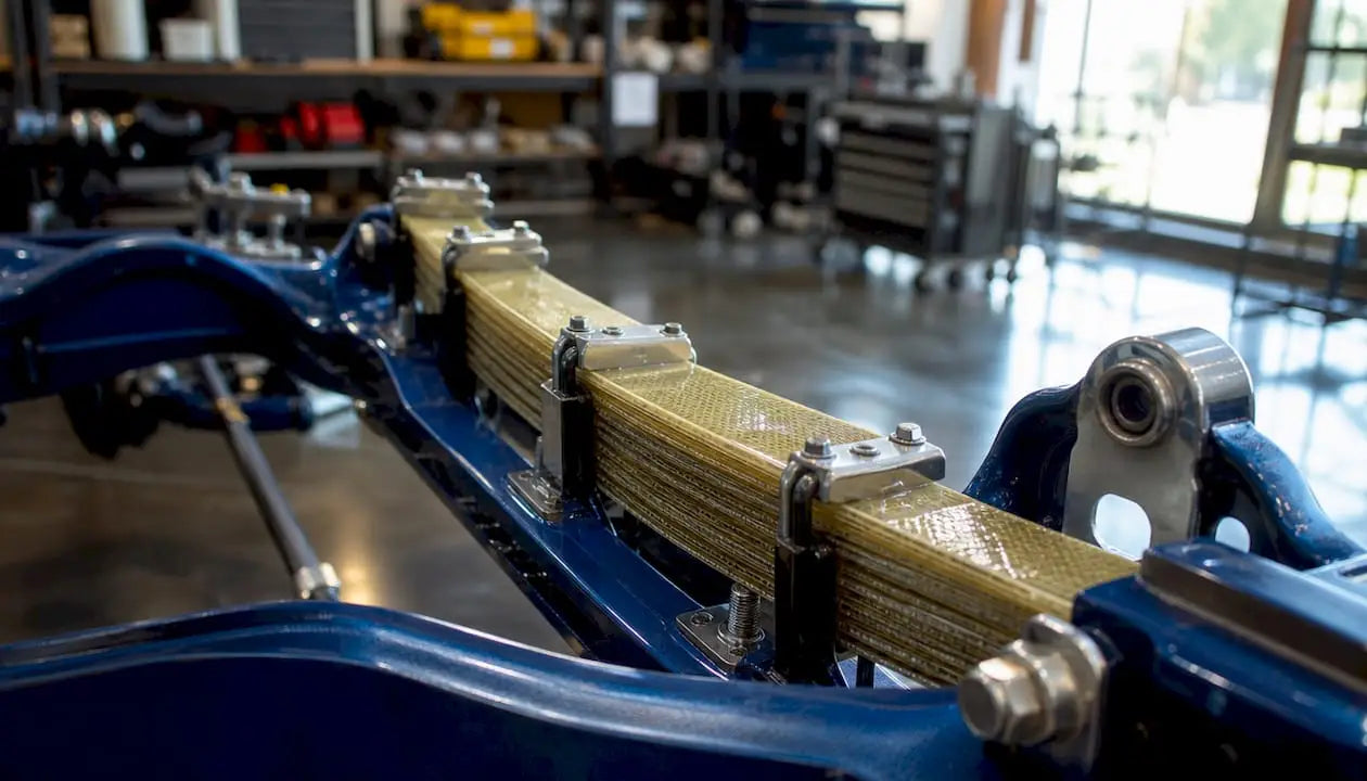 Close-up of fiberglass leaf springs on chassis