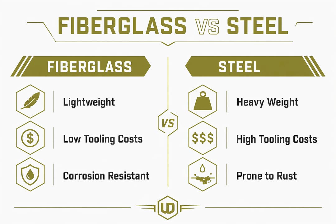 Infographic comparing fiberglass and steel for car builds