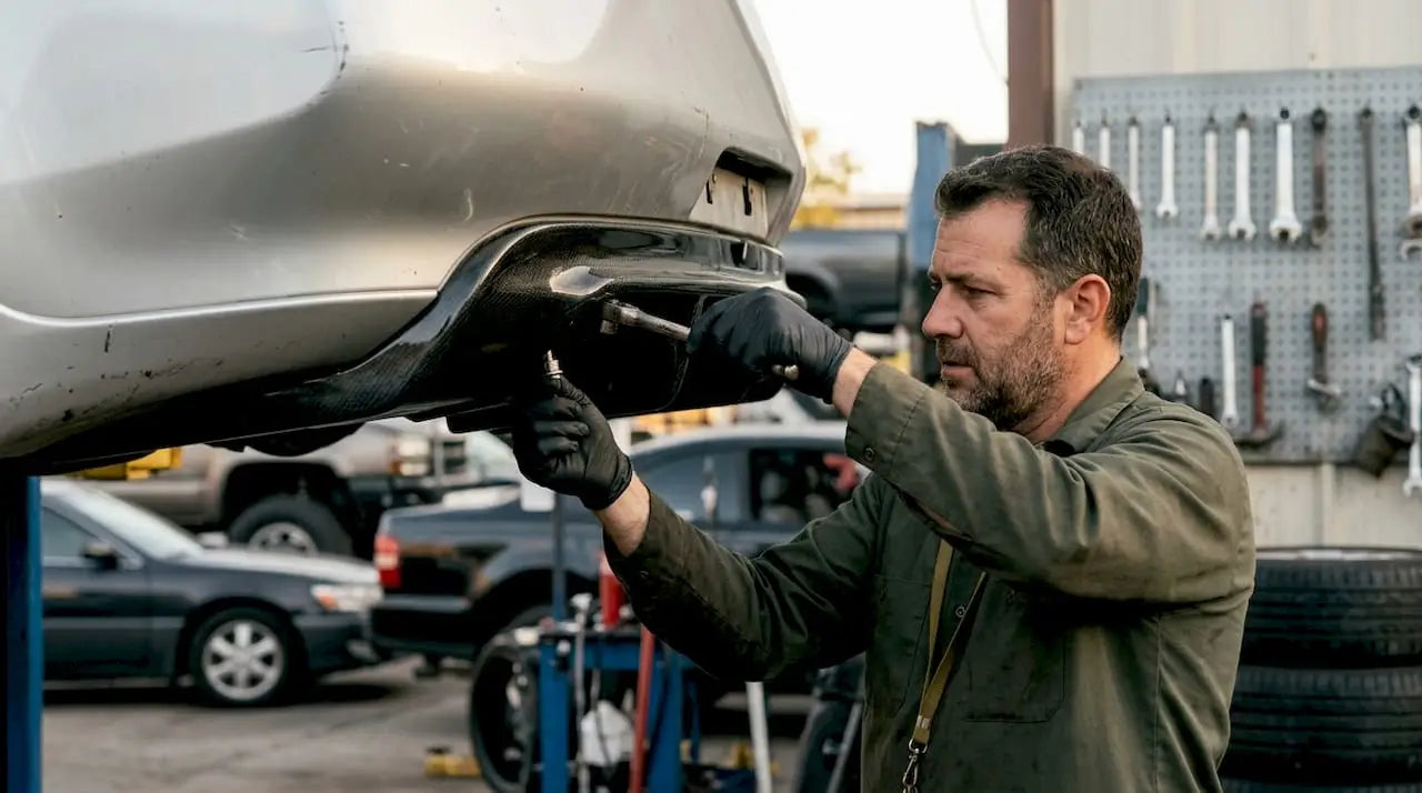 Technician installing fiberglass diffuser on Nissan G35