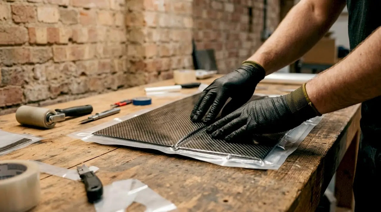 Hands preparing dry carbon fiber vacuum bag