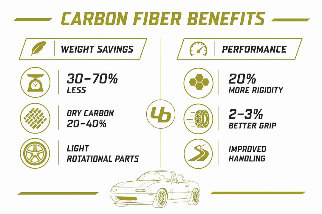 Infographic comparing carbon fiber weight savings and performance benefits