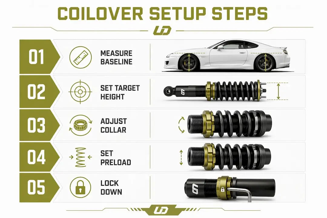 Infographic showing coilover setup step-by-step process