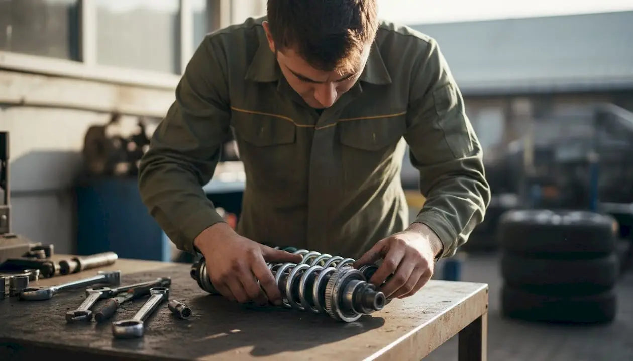 Coilover threaded collar on wooden workbench