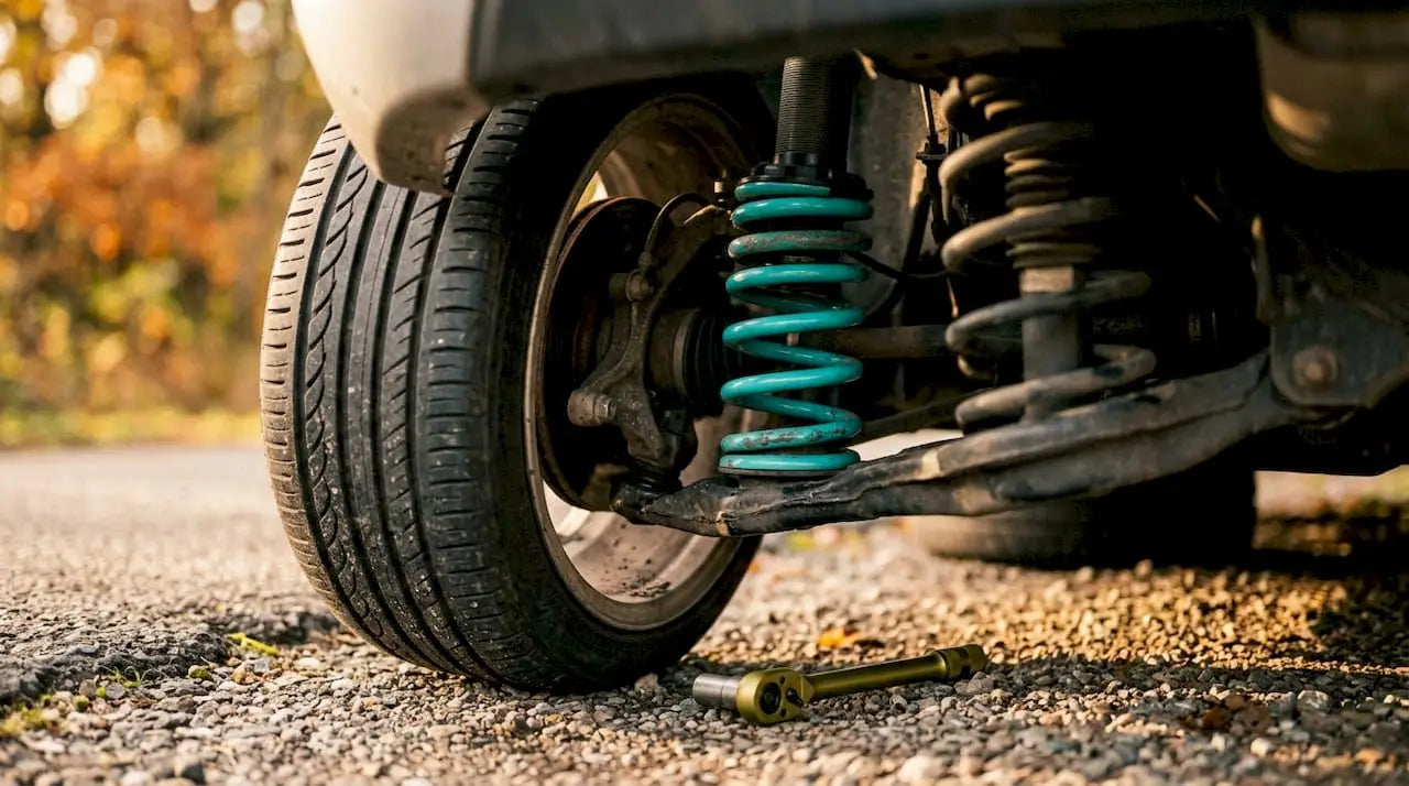 Close-up of car wheel showing negative camber angle