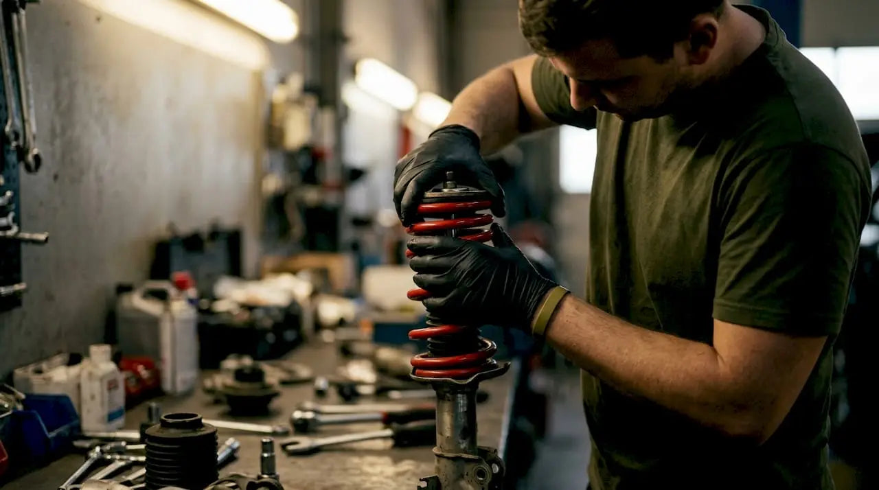 Technician fitting lowering spring on suspension