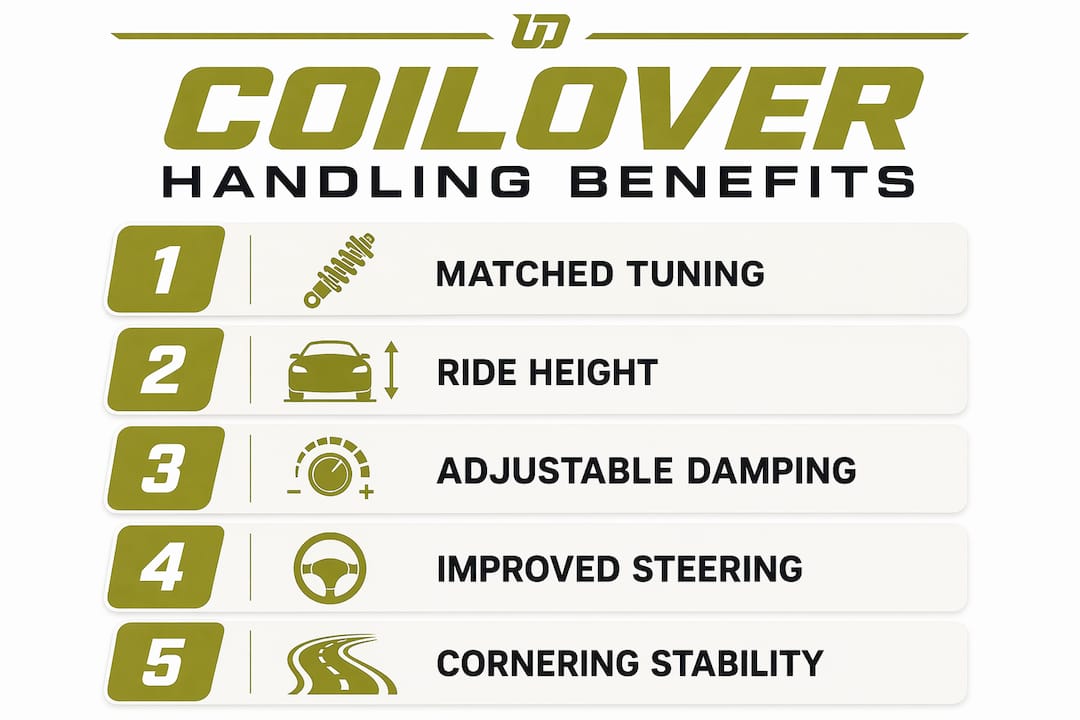 Infographic illustrating coilover handling benefits and tuning steps