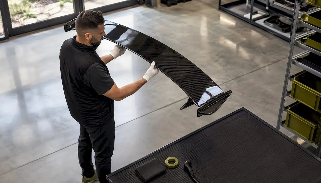 Technician inspecting Vorsteiner carbon fiber wing