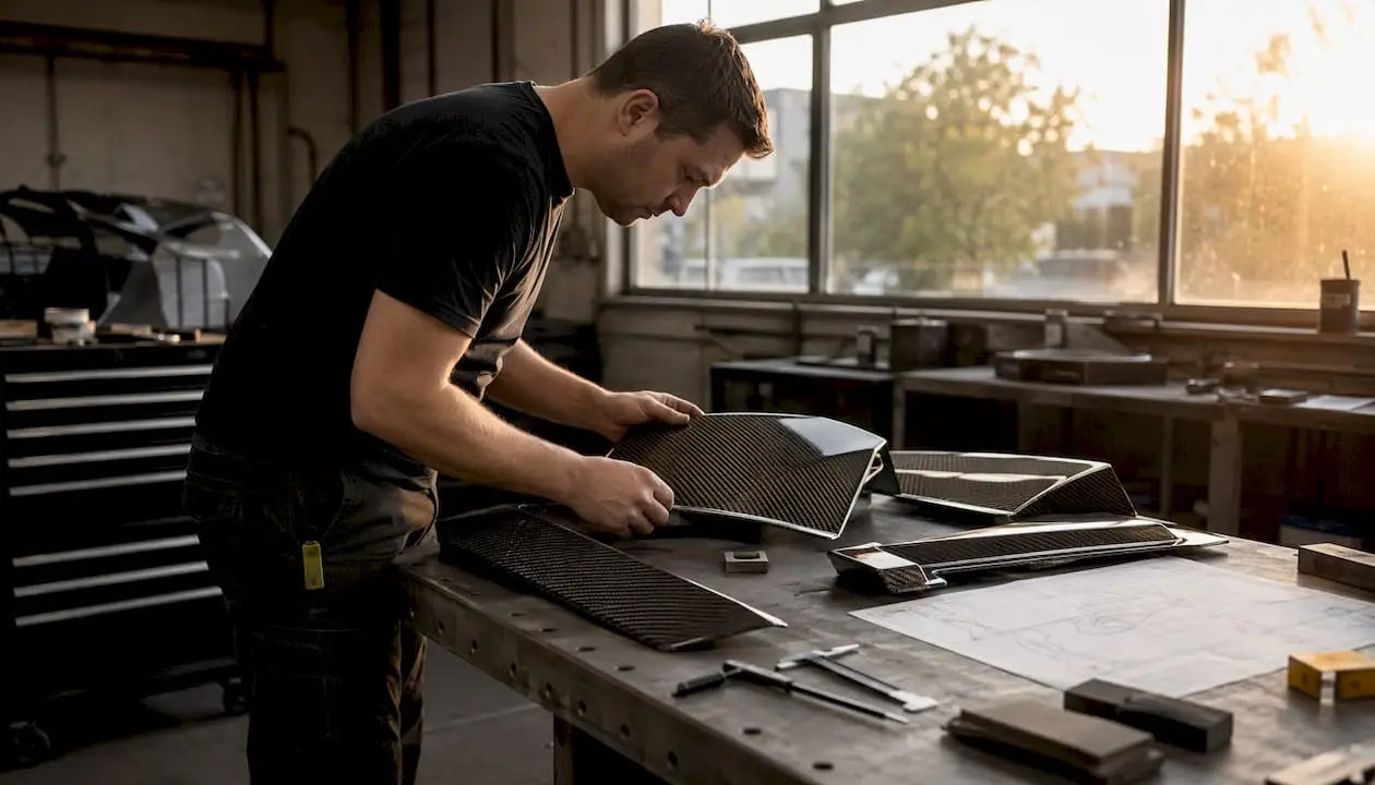 Hands inspecting carbon fiber panels with tools
