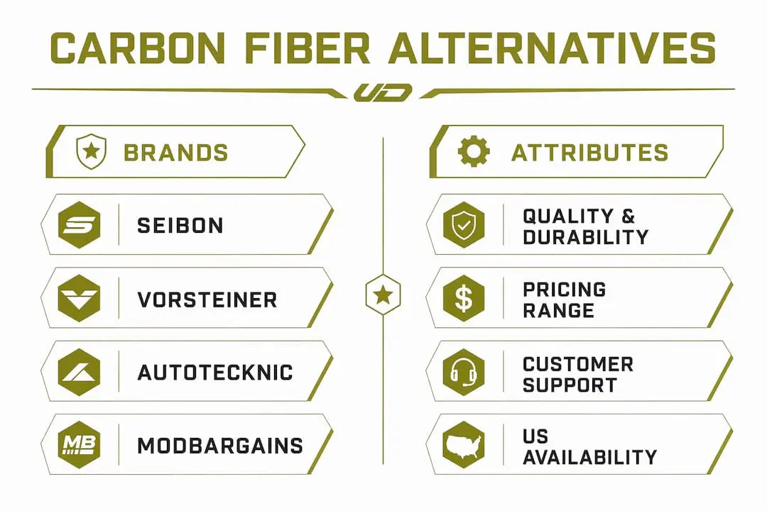 Infographic comparing carbon fiber alternative brands and attributes