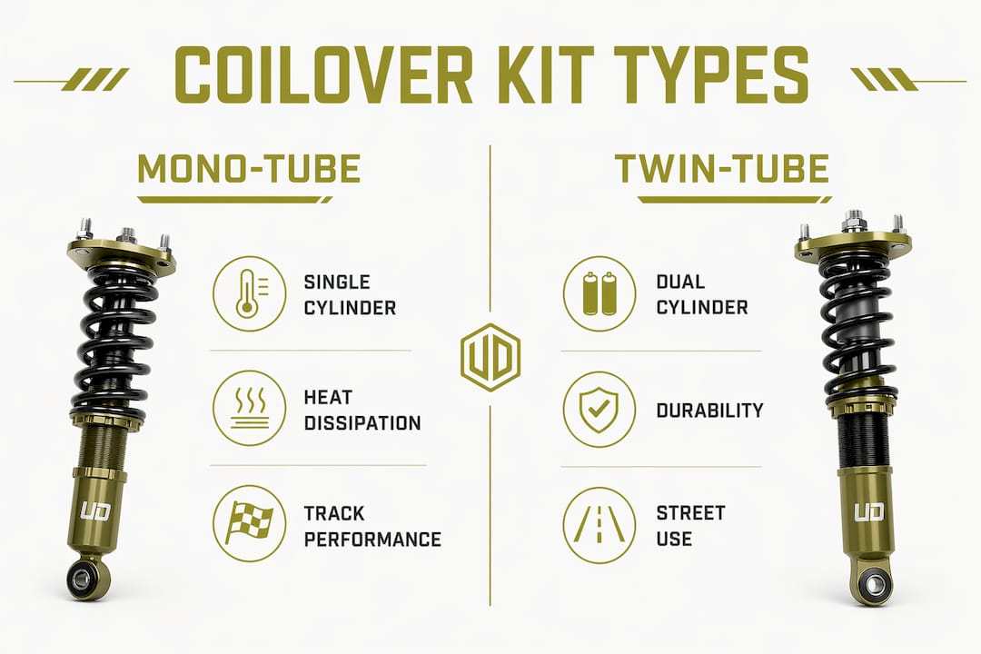 Infographic comparing mono-tube and twin-tube coilovers