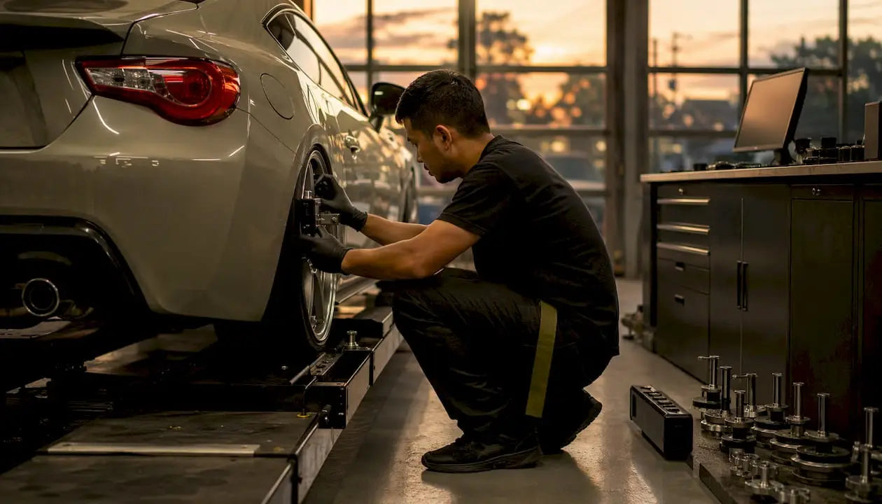 Technician performing FR-S wheel alignment check