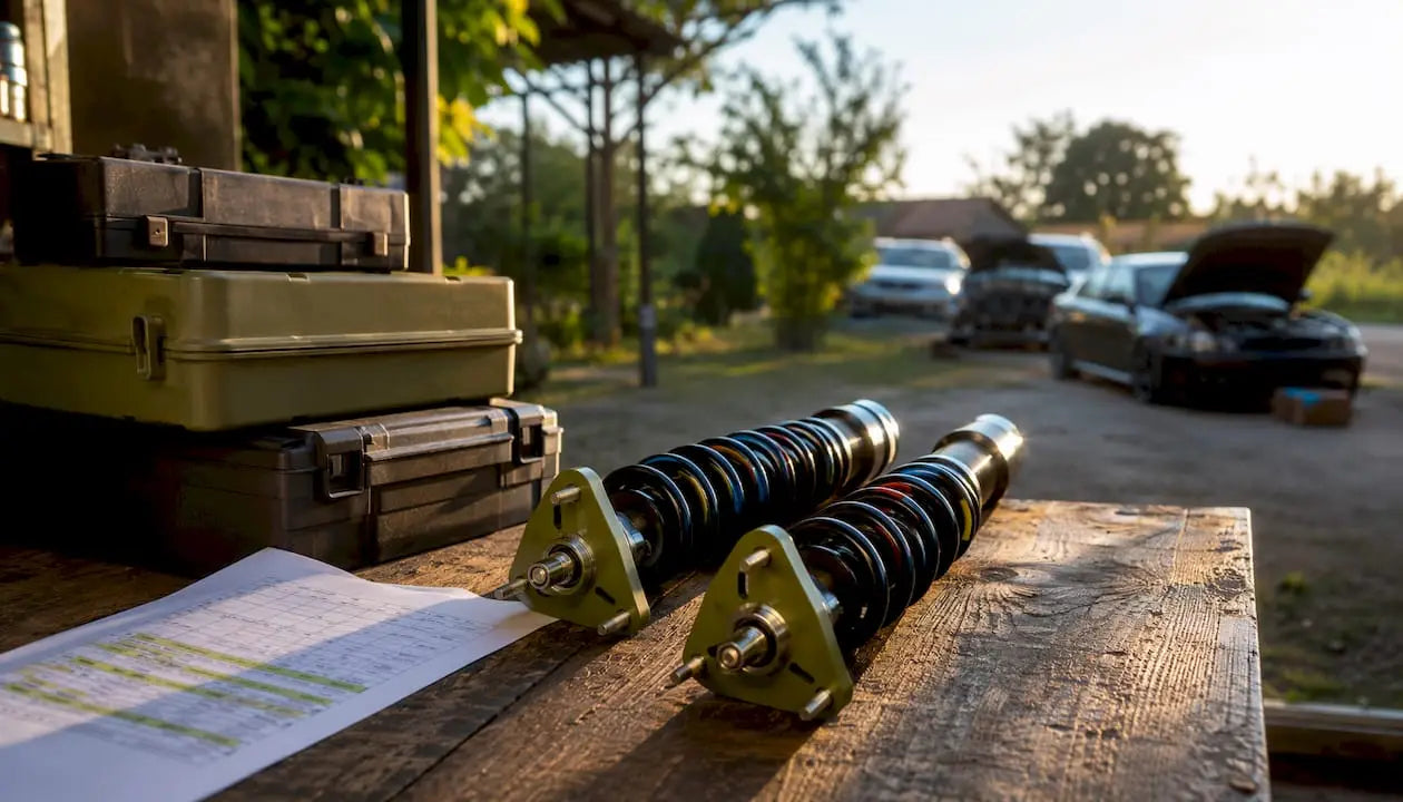 Close-up of coilovers and spring rate chart