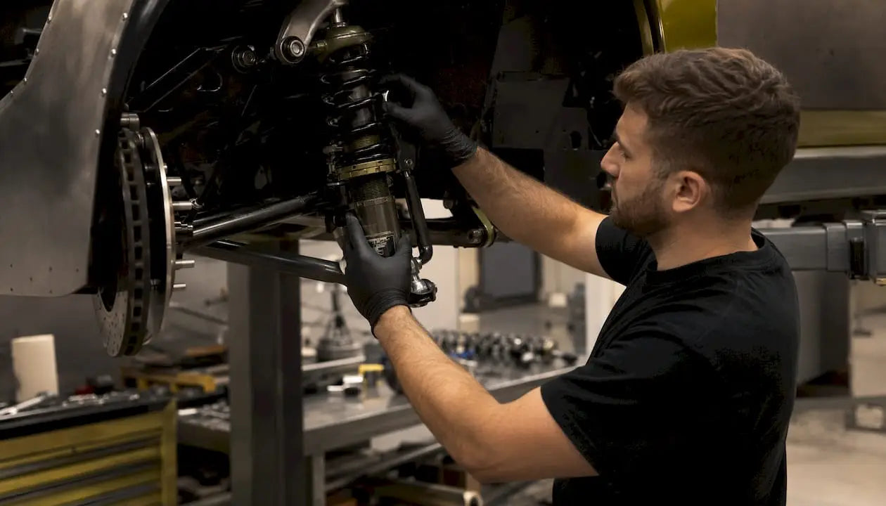 Mechanic adjusting independent suspension coilover