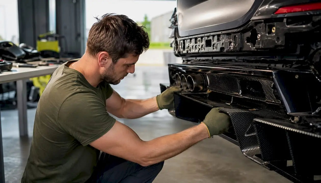 Close-up of diffuser with underbody panels and technician's hands