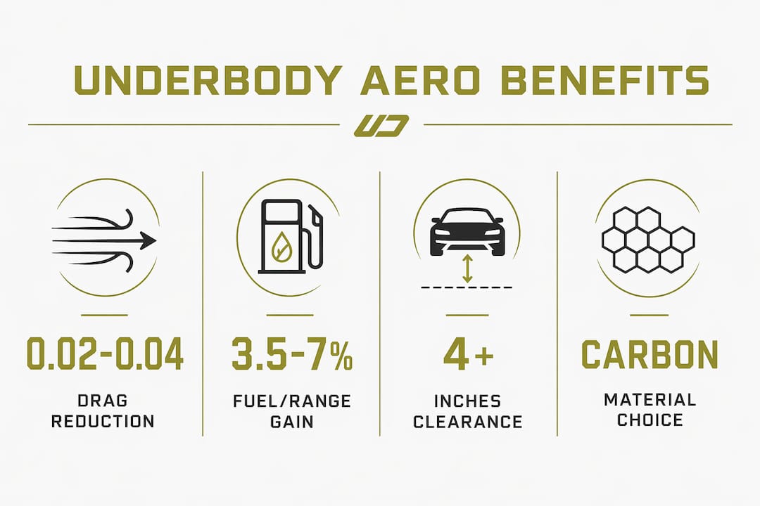 Infographic showing key aerodynamic and material benefits of underbody aero panels