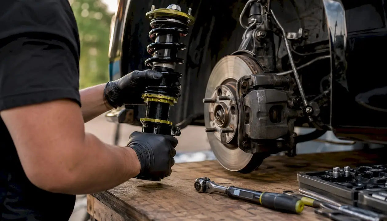 Technician fitting coilover on G35 suspension