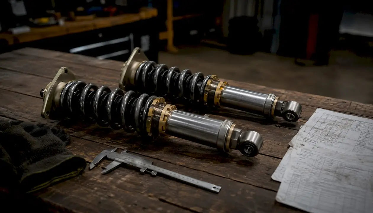 Close-up of coilover specs and parts on workbench