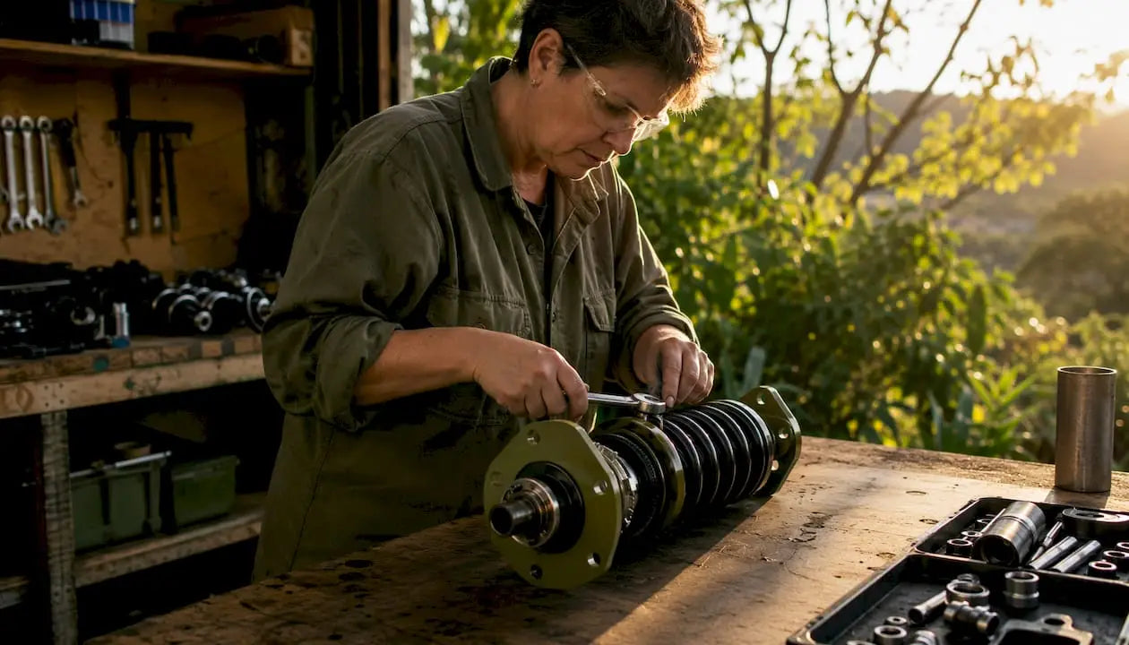 Woman adjusting coilover suspension settings on wall rack