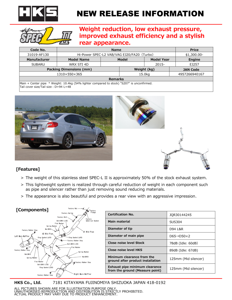 Catback HKS31019-AF130 HKS