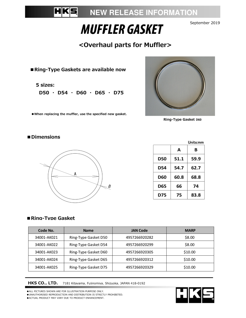 Exhaust Gaskets HKS34001-AK023 HKS