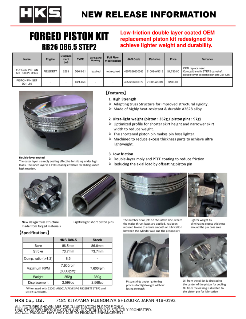 Piston Sets - Forged - 4cyl HKS21003-AN013 HKS