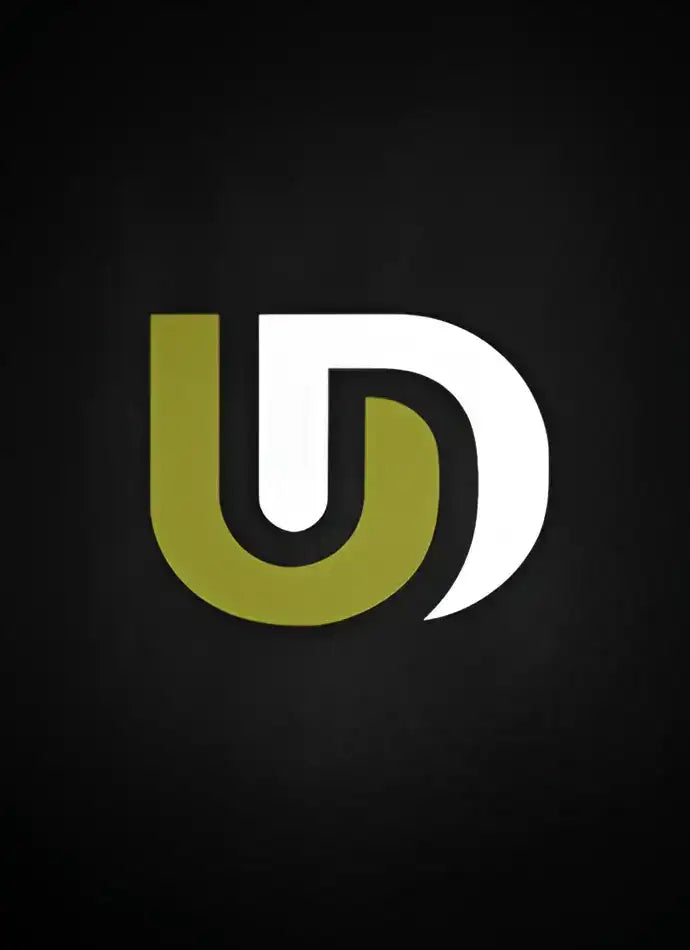 A sleek, modern logo featuring a stylized interlocking ’u’ and ’d,’ rendered in bold olive green and crisp white against a dark background.